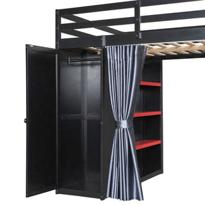 English Elm Full Size Wood Loft Bed with Wardrobe Desk Shelves Rgb Lighting and Blackout Curtains Black+Red LT000269AAJ-1