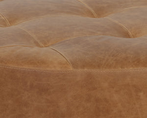 Sunpan Nilda Ottoman - Luxurious Italian Round Leather Seat with Tufted Top & Solid Wood Base - Camel Color