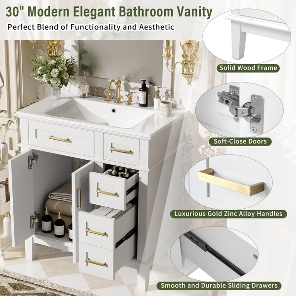 English Elm 30" Bathroom Vanity with Ceramic Sink and Deep Storage, Soft-Close Doors, Gold Handles, Durable Wood Frame White N729P276610K