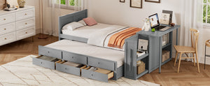 English Elm Twin Multifunctional Wood Platform Bed with Built-In Desk, Trundle & 3 Drawers for Small Spaces Gray 44.3 L x 23.1 W x 9 H N733S212832E