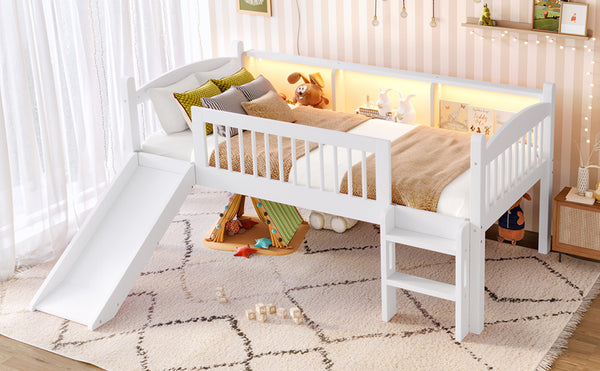 English Elm Twin Low Loft Bed Solid Pine Frame with Built-in Led Lighting and Storage Shelves Light White W1580P395928