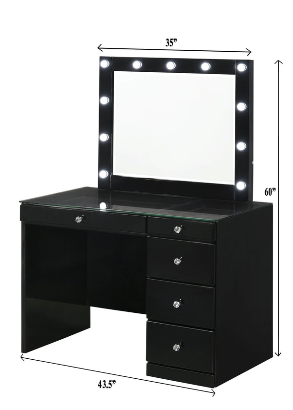 English Elm 2pc Black Vanity Set with LED Lighted Mirror, Glass Top, 5 Smooth-Glide Drawers & Crystal Knobs B2741S00139
