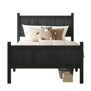English Elm Twin Platform Bed Vertical Slat Headboard Farmhouse Shaker Wood Grain Finish Bedroom Black N733P422478E