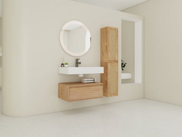 English Elm 30 Inch Wall-Mounted Bathroom Vanity With Resin Sink & Soft Close Drawers - Modern Storage Solution W999S00354