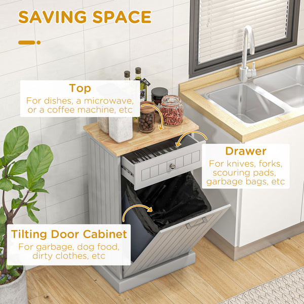 English Elm HOMCOM Tilt-Out Trash Cabinet with Drawer and Oak Top, Space-Saving Pet-Safe Kitchen Organizer W2225P200649