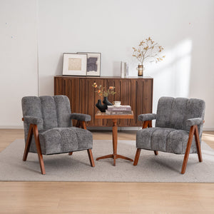 English Elm Mid-century Modern Chenille Lounge Chair Set Oak Frame Cloud Silhouette Living Room Gray W1170S00050