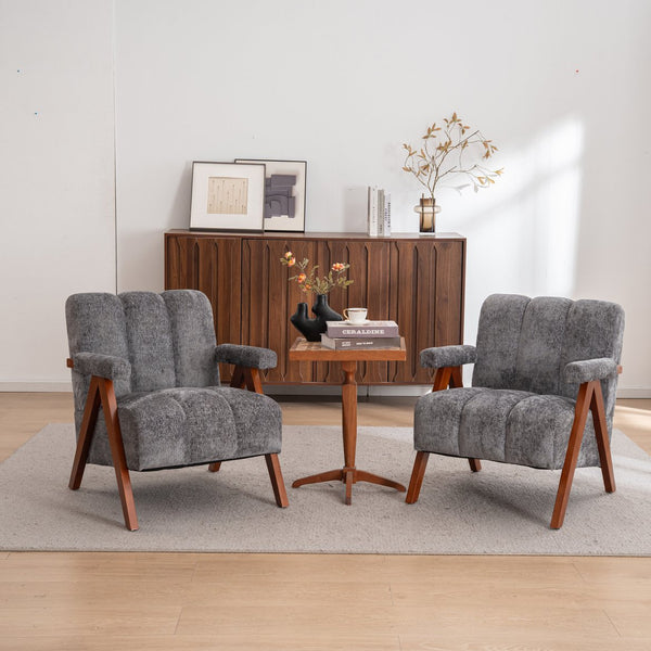 English Elm Mid-century Modern Chenille Lounge Chair Set Oak Frame Cloud Silhouette Living Room Gray W1170S00050