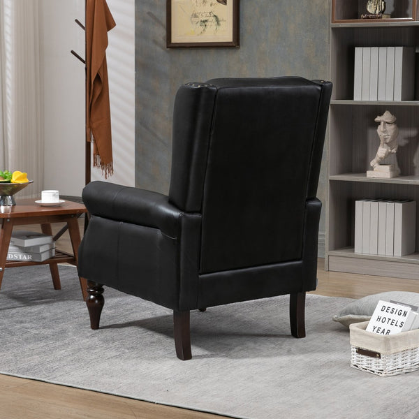 English Elm Wood Solid Frame Armchair with Padded Foam Seat and Curved Arms, Sturdy Wooden Legs for Living Room Black PU W395109979
