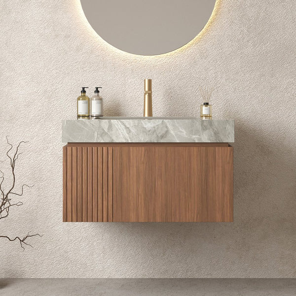 English Elm MURI Luxury Wall-Mounted 30" Bathroom Vanity with Sintered Stone Countertop and Ceramic Basin, Plywood Cabinet Brown Oak,Light Gray W2615S00331