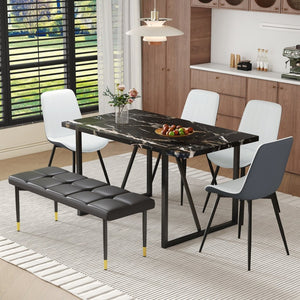 English Elm Table Modern Black Marble Pattern Dining Set - 6-Piece With Pu Chairs & Bench For Elegant Dining W1151S03579-GIGA