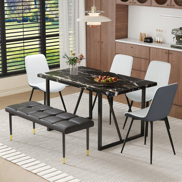 English Elm Table Modern Black Marble Pattern Dining Set - 6-Piece With Pu Chairs & Bench For Elegant Dining W1151S03579-GIGA