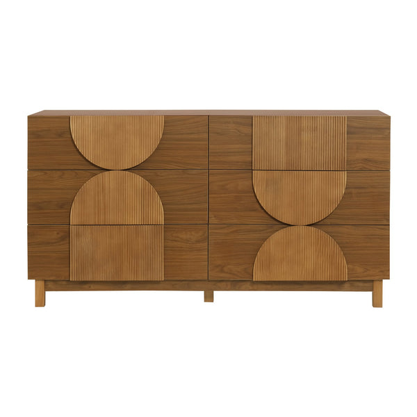 English Elm Modern Fluted 6 Drawer Dresser with Solid Wood Legs Japandi Chest for Bedroom Brown N739S0000013N