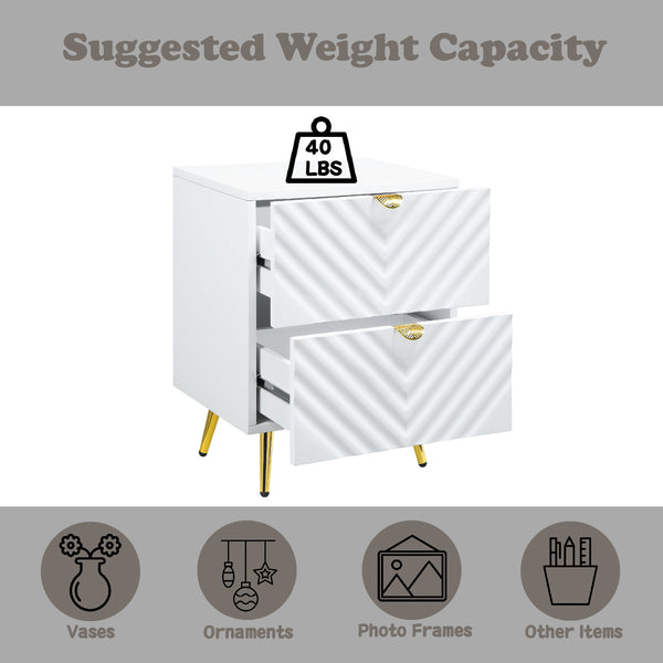 English Elm Gaines White High Gloss Nightstand with Wave Design, 2 Drawers, Metal Legs, Smooth Glide Storage B2726P256319