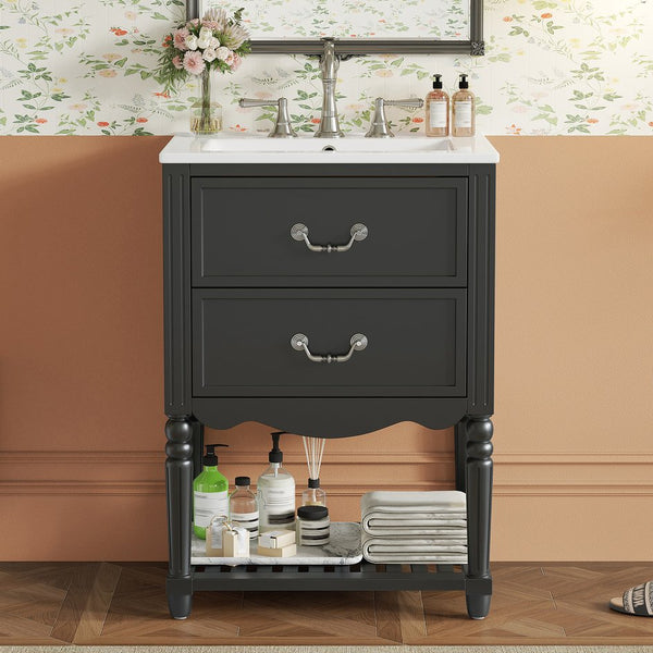 English Elm 24'' Vintage Bathroom Vanity with Ceramic Sink Soft Close Drawers Open Shelf Black N710P411237B