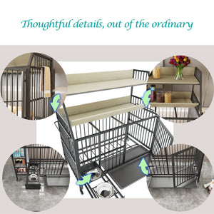 English Elm Large Pet Cage with Iron Frame Mdf Panels Storage Rack and Steel Feeding Basins Beige,Black W3064P245386