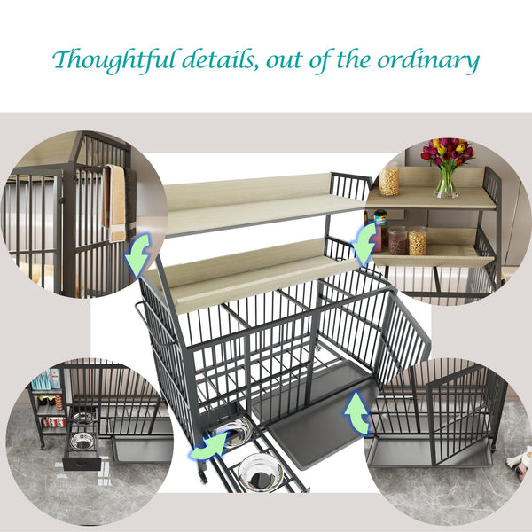 English Elm Large Iron Mdf Pet Enclosure with Storage Cabinet Rolling Casters and Steel Feeding Basins W3064P245384