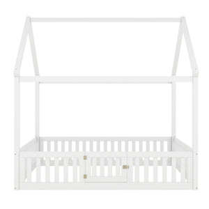 English Elm Full Full Size Wood House Bed with Roof, Fence & Working Door in Washed White Pine — Cozy Play Loft Retreat for Kids (78.1" L x 55.8" W x 77.2" H) WF531502AAK