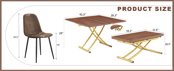 English Elm Table and Chair Set Adjustable Height Mdf Wood Grain Top with 4 Upholstered Seats Brown,Golden W1151S04092