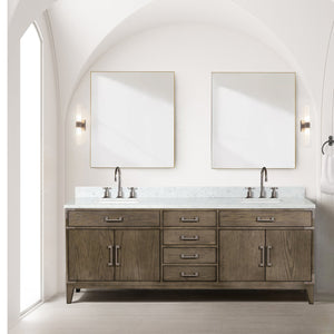 English Elm Grey Oak Double Bath Vanity With Carrara Marble Top, Faucets, & 36" Mirrors - Elegant Storage Solution B2731S01884
