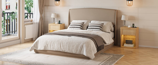 English Elm Upholstered Queen Platform Bed Curved Wingback Linen Headboard Modern Bedroom Frame Brown N733S439498N
