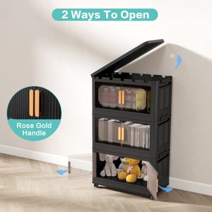English Elm Black,24" Folding Storage Cabinet 4-Tier Collapsible Plastic Organizer with Wheels, Magnetic Door, Durable PP W2873P289712