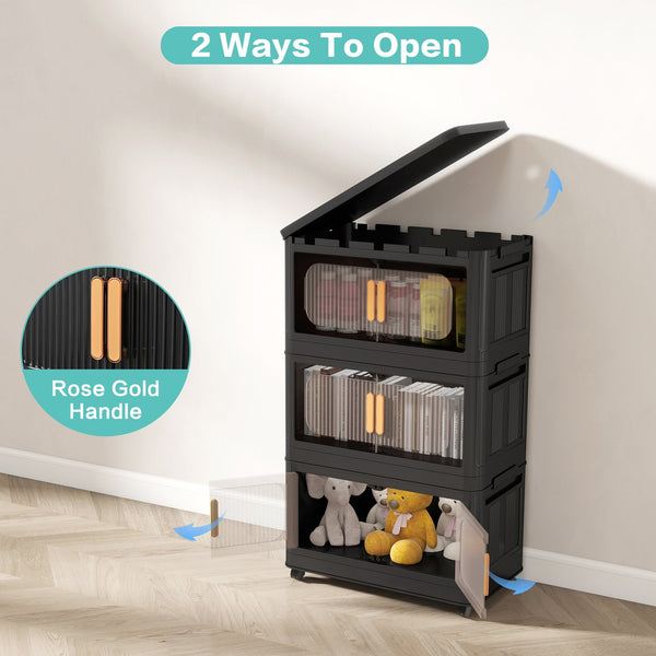 English Elm Black,24" Folding Storage Cabinet 4-Tier Collapsible Plastic Organizer with Wheels, Magnetic Door, Durable PP W2873P289712