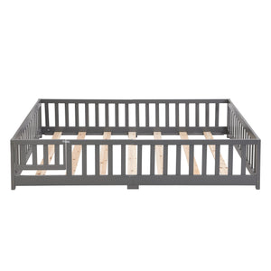 English Elm Twin Pine Wood Floor Bed with Safety Guardrails and Door for Kids Bedroom Gray W495123238
