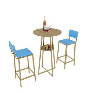 English Elm Bar Table and Chair Set Gold Frame Blue Velvet Cushions with Built-in Storage Shelf W3064P245389