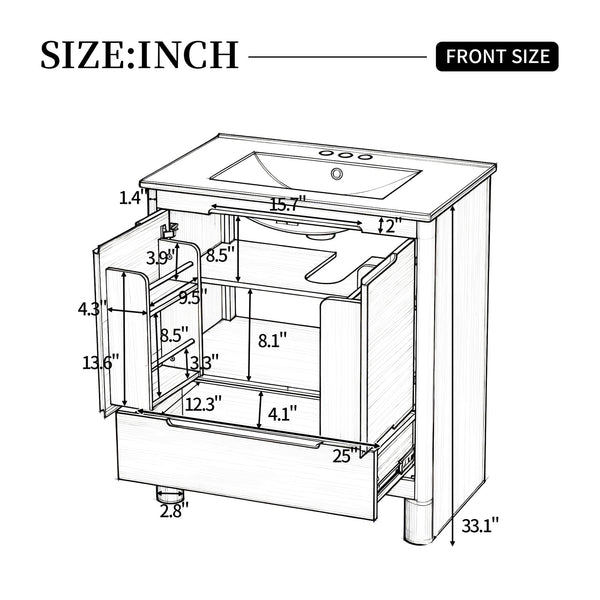 English Elm [video] 30 Inch Freestanding Bathroom Vanity Pine Legs Ceramic Sink Soft Close Storage Natural N759P412928N