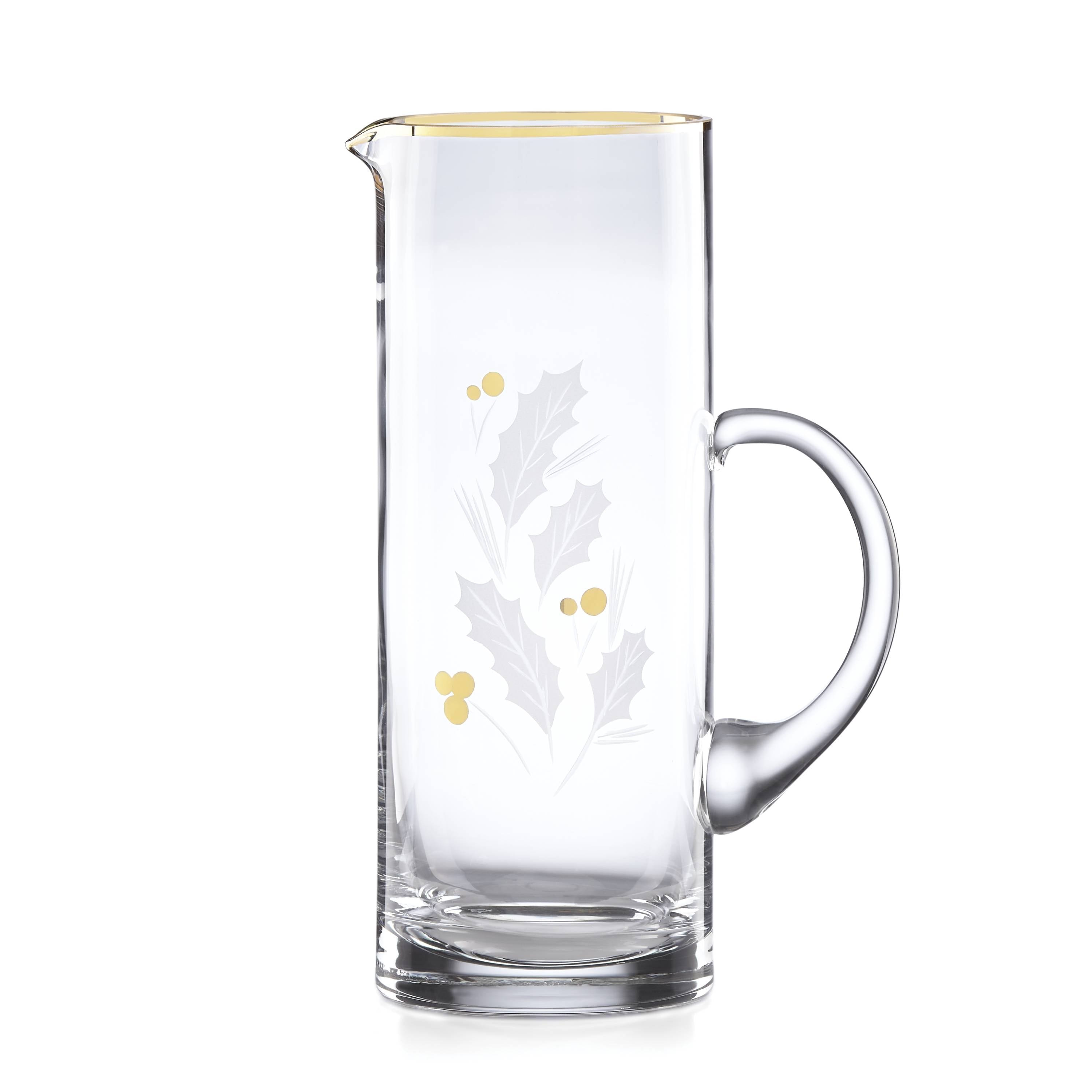 Holiday Gold Pitcher: Elegant Glass with Etched Holly, Gold Rim Detail