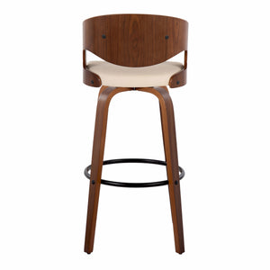 English Elm Fixed-height Swivel Barstools with Walnut Bentwood Legs and Cream Upholstered Seats Set B202S01930