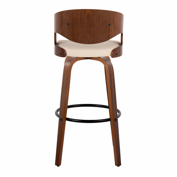 English Elm Fixed-height Swivel Barstools with Walnut Bentwood Legs and Cream Upholstered Seats Set B202S01930