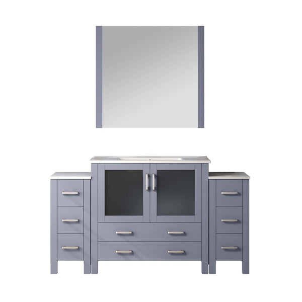 English Elm Dark Grey Bath Vanity 60" W With White Ceramic Top, Side Cabinets & 34" Mirror - Stylish Storage Solution B2731S00961