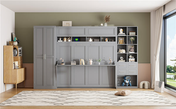 English Elm Queen Murphy Wall Bed Cabinet System with Wardrobe Drawers and Shelving in White Mdf LP000384AAE