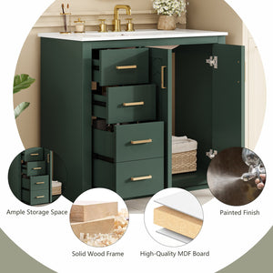 English Elm 36'' Bathroom Vanity with Ceramic Sink Combo, Solid Wood Frame, Soft-Close Drawers and Stylish Retro Groove Design Green N710P291684F