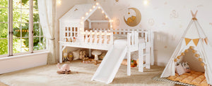 English Elm Twin Playhouse Loft Bed Solid Pine Frame with Slide Led Lights and Star Roof White W5316S00001