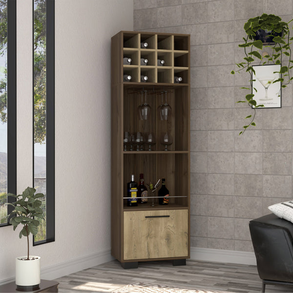 English Elm Marsella Corner Bar Cabinet with 12-Bottle Wine Rack, Cup Holder, Drawer & Dual Side Shelves B070S00325