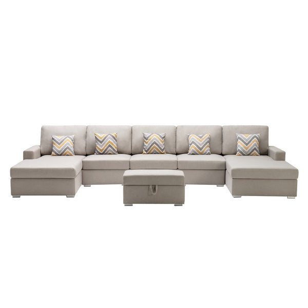 English Elm Nereo Gray Linen Double Chaise Sectional with Storage Ottoman for Spacious Living Beige B2749S00123
