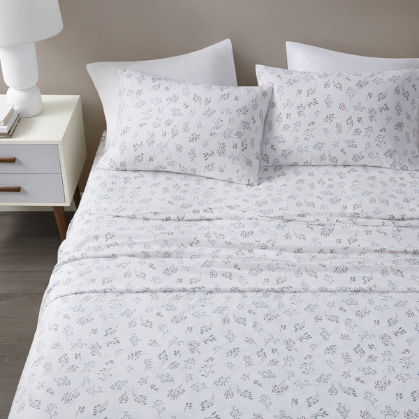 English Elm 4 Pieces Cal King 100% Cotton Flannel Sheet Set - Cozy White Botanical Print For Year-Round Comfort B035P381337