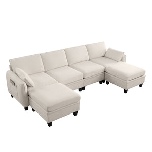 English Elm 102 Inch Linen Modular Sectional Sofa with Hidden Storage and Cloud Cushion Comfort Beige W1099S00208