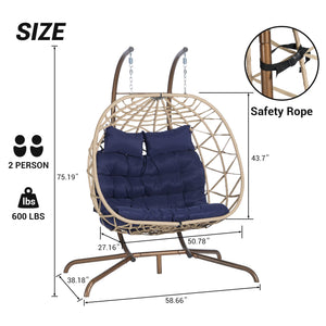 English Elm Double Hanging Egg Chair Wicker Cocoon Swing with Iron Stand for Patio Balcony W874P270568