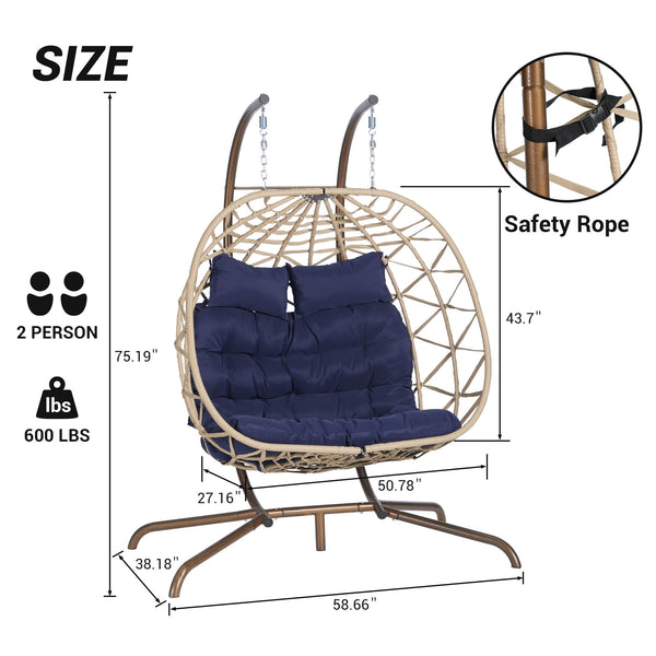 English Elm Double Hanging Egg Chair Wicker Cocoon Swing with Iron Stand for Patio Balcony W874P270568