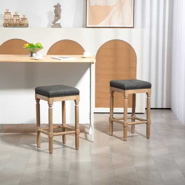 English Elm Tufted Pu Leather Counterstools with Nailhead Trim and Rubberwood Turned Legs Set of 2 W1762P188745