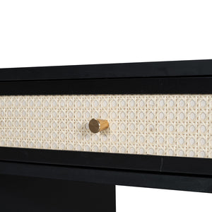 English Elm 39" Retro Bohemian Makeup Vanity Set with Rattan Drawers, USB Charging Port, Cushioned Stool, 4-Drawer Storage Black 44.1 L x 18.75 W x 10.5 H N733P180011B