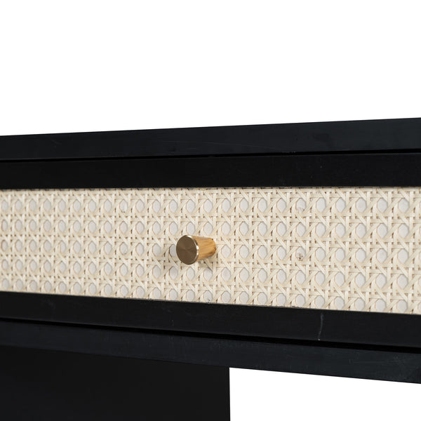 English Elm 39" Retro Bohemian Makeup Vanity Set with Rattan Drawers, USB Charging Port, Cushioned Stool, 4-Drawer Storage Black 44.1 L x 18.75 W x 10.5 H N733P180011B