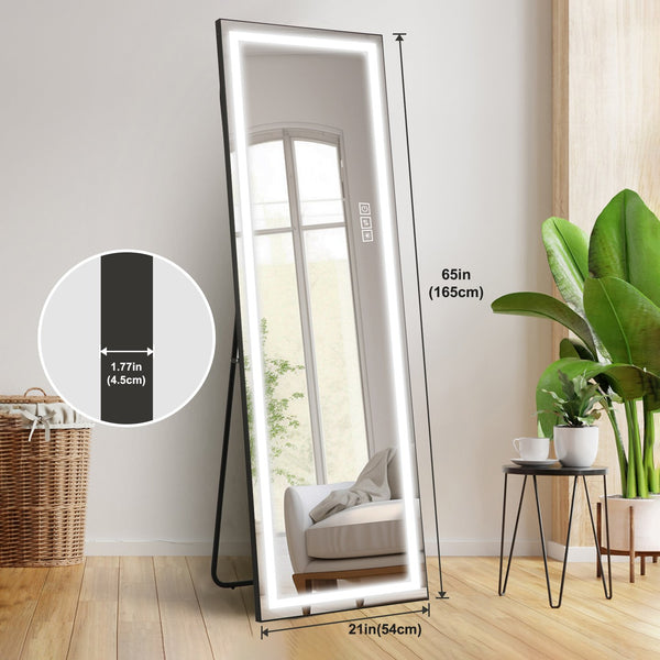 English Elm LED Mirror Full Length with Aviation Aluminum Frame, Explosion-Proof Glass, Dimmable Lights, Stand-Up W2709P178789