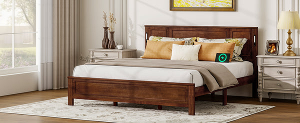 English Elm King Pine Wood Platform Bed with Led Lighting Usb Charging Tall Panel Headboard Walnut W504S00275