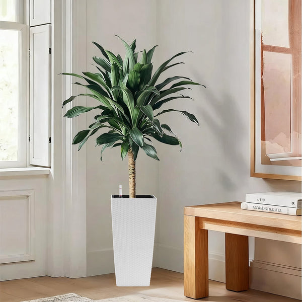 English Elm Pack of 2 Tall Square Faux Rattan Outdoor Planters with Self Watering System White W3213P325418