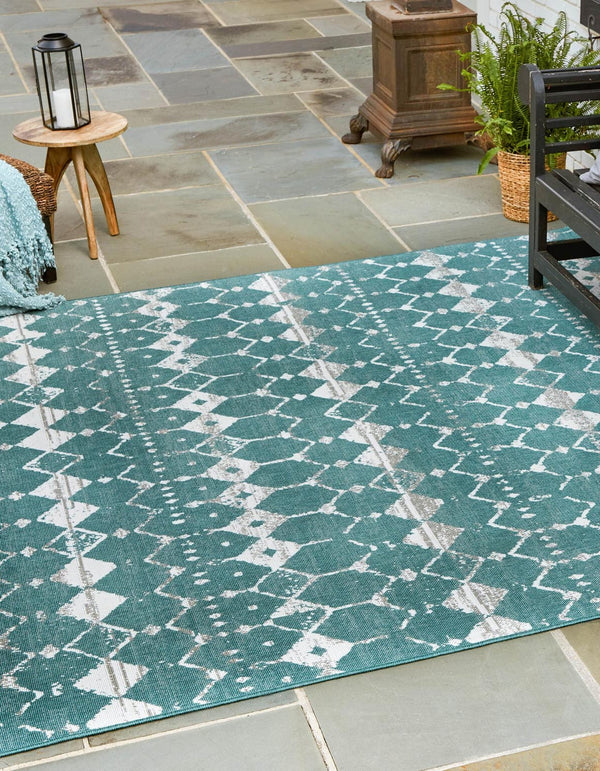 Unique Loom Outdoor Trellis Cardak Machine Made Geometric Rug Teal, Ivory/Gray 7' 10" x 7' 10"