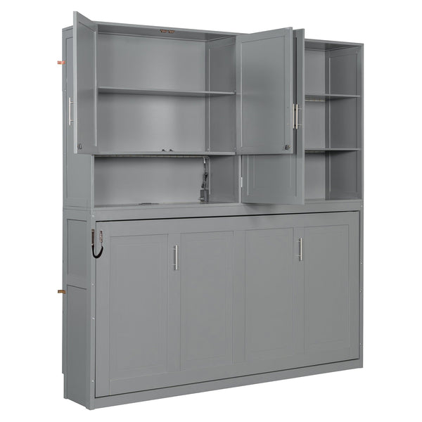 English Elm Twin Murphy Bed with Cabinet Shelves Built in Lighting Usb Ports Space Saving Wall Unit Gray LP000389AAE-1